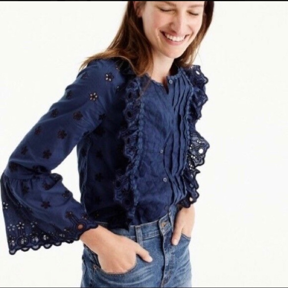 J Crew Navy Eyelet Long Sleeve Blouse